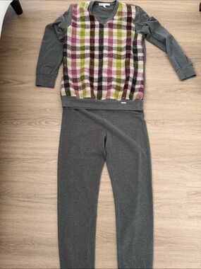 Cozy Grey Knit Set with Pink & Olive Plaid Panel